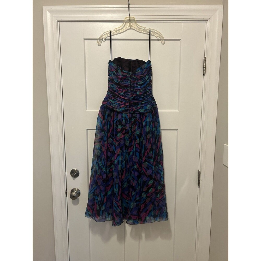 Vintage 80s Pleated Paint Pattern Black Strapless Party Dress Size 10 Chiffon